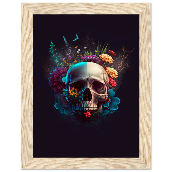 Nature’s Duality - Vibrant Flowers and Skull - 15x20 cm 6x8″ Wood frame - Wooden Framed Posters