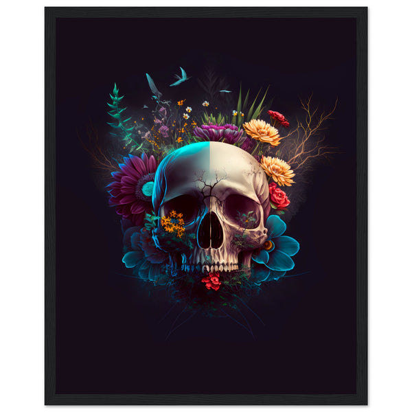 Nature’s Duality - Vibrant Flowers and Skull - 40x50 cm 16x20″ Black frame - Wooden Framed Posters