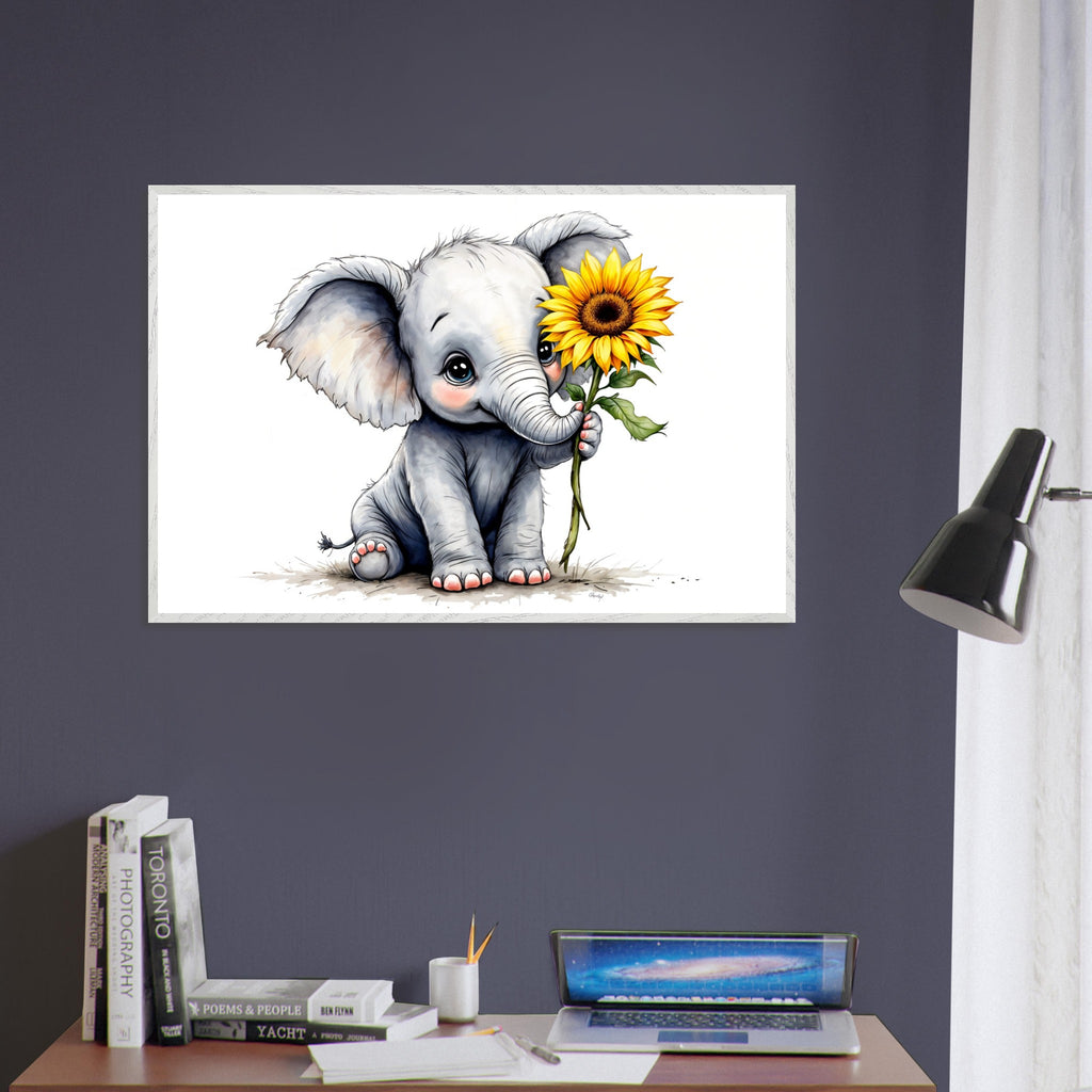 Baby Elephant Blooms - Whimsical Nature Decor - White frame - Framed Posters