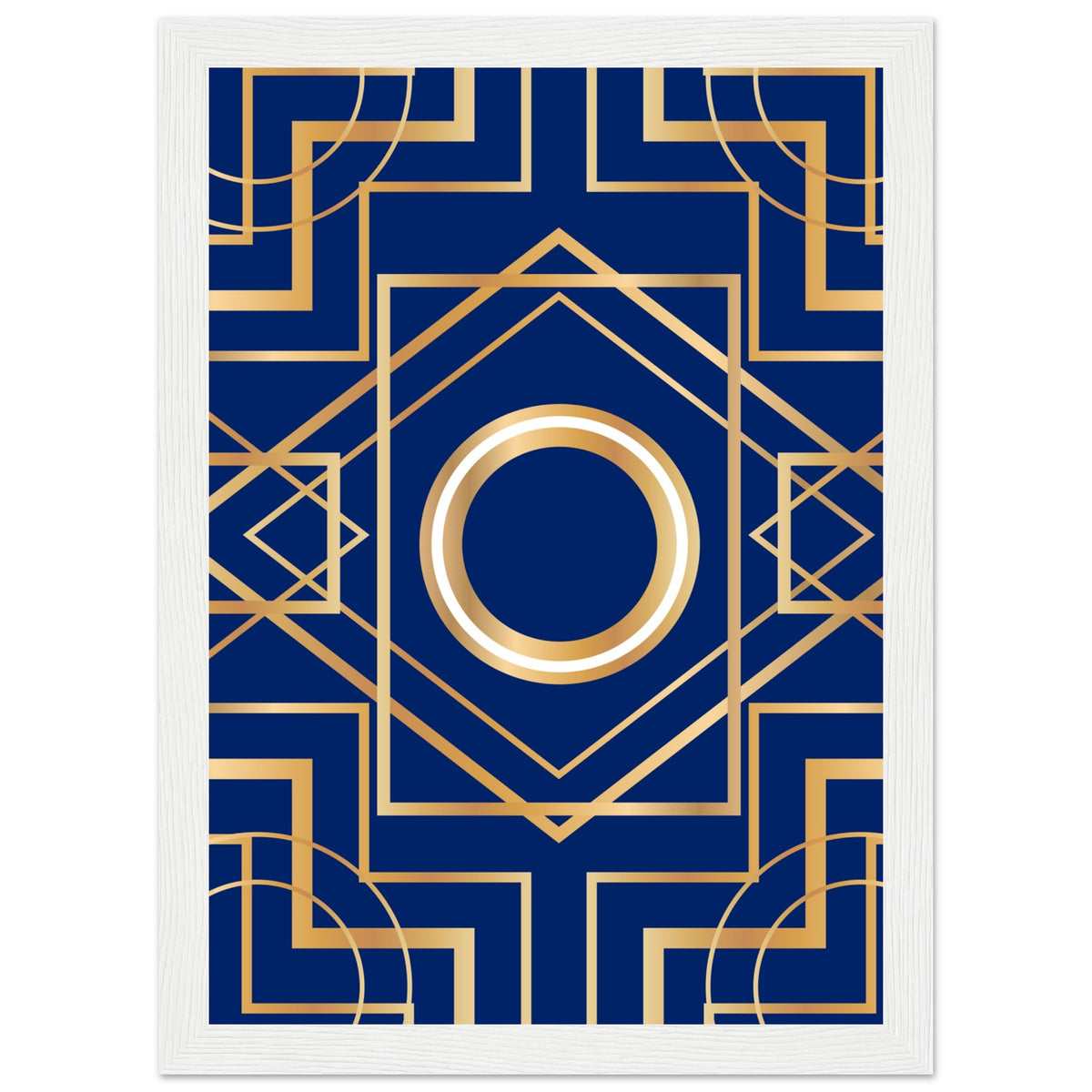 Art Deco Elegance - Blue & Gold Geometric Framed Print - A4 21x29.7 cm 8x12″ White frame - Wooden Framed Posters