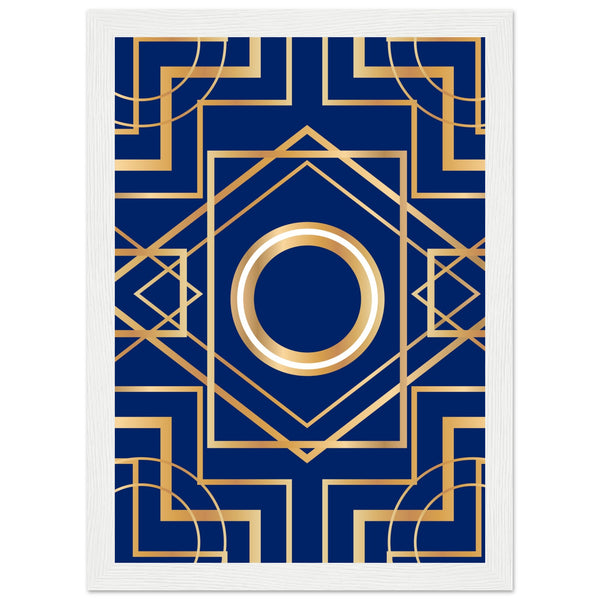 Art Deco Elegance - Blue & Gold Geometric Framed Print - A4 21x29.7 cm 8x12″ White frame - Wooden Framed Posters