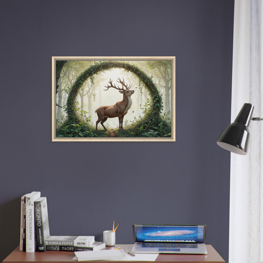 Nature’s Guardian - Majestic Stag in Forest Arch - - Framed Canvas