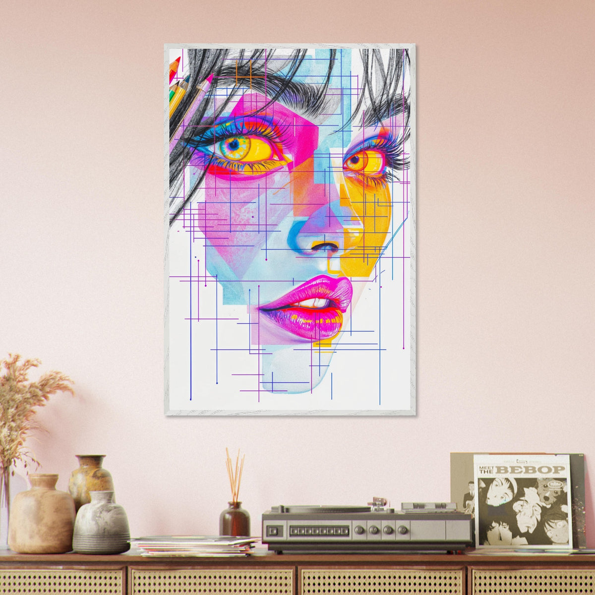 Color Meets Lines - Futuristic Portrait in Premium Frame - White frame - Framed Posters