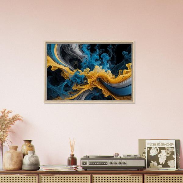 Ethereal Waves - Vibrant Motion in Blue and Yellow - - Framed Canvas