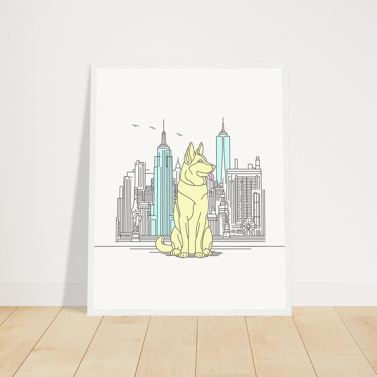 Urban Companion - Dog and Cityscape Art - 40x50 cm 16x20″ White frame - Wooden Framed Posters