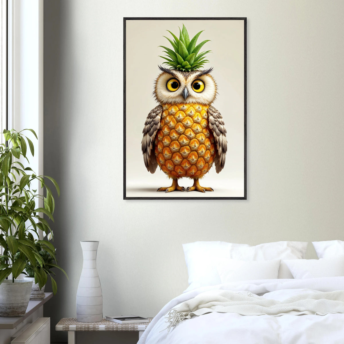Pineapple Owl Wooden Poster – Gift for Kids & Artists - Black frame - Wooden Framed Posters