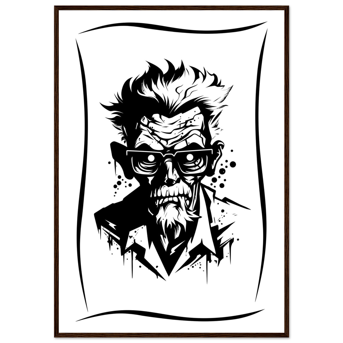 Edgy Artistry - Black and White Character - 70x100 cm 28x40″ Dark wood frame - Wooden Framed Posters