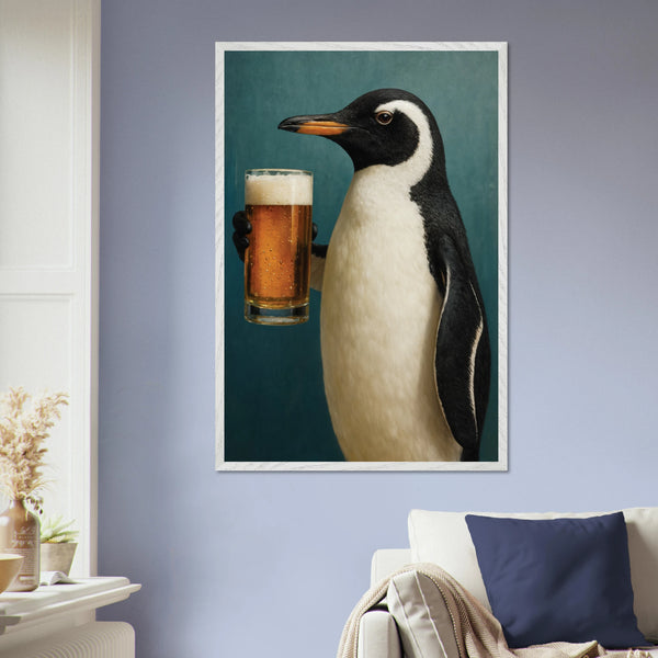 Chill Penguin Wooden Frame – Perfect Gift for Beer Lovers - - Wooden Framed Posters