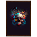 Nature’s Duality - Vibrant Flowers and Skull - 30x45 cm 12x18″ Dark wood frame - Wooden Framed Posters