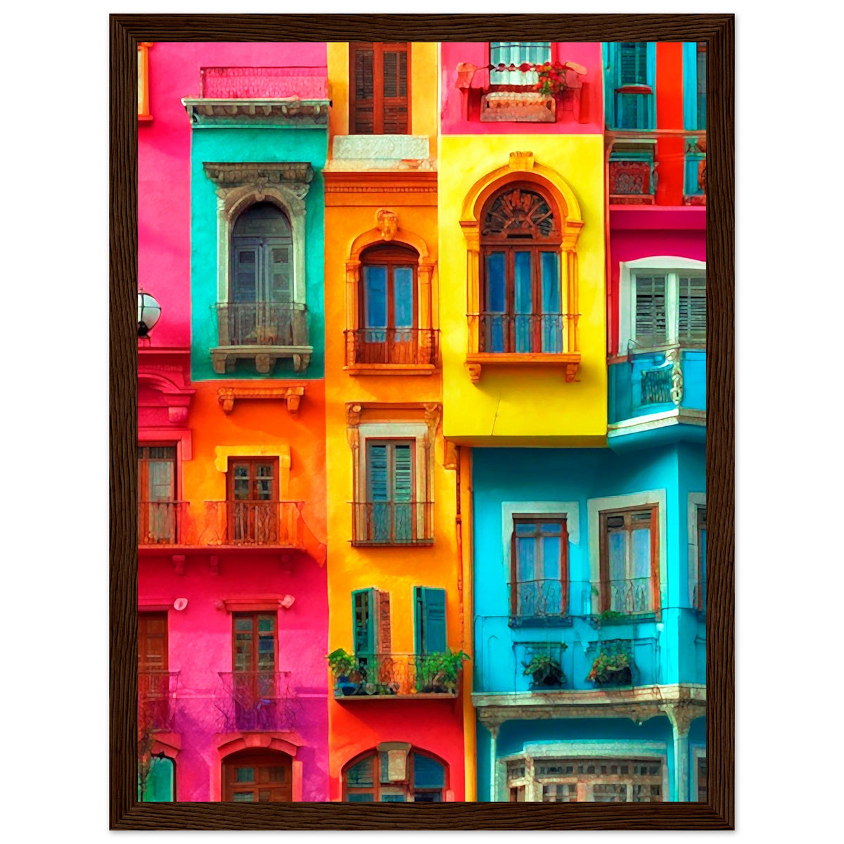 Vibrant Dreams - Colorful Cityscape Art - 30x40 cm 12x16″ Dark wood frame - Wooden Framed Poster