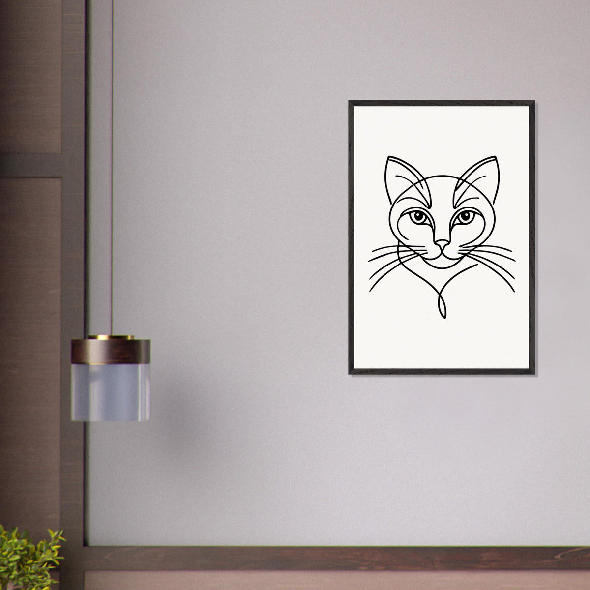 Timeless Cat Line Art - Natural Wood Framed Elegance - - Wooden Framed Posters