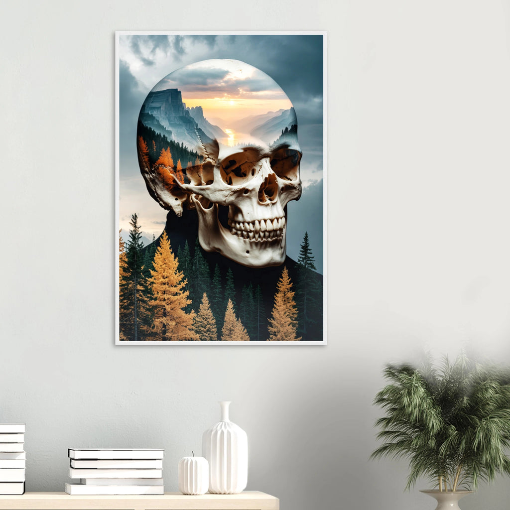 Wooden Framed Poster – Skull Meets Forest in Art - White frame - Wooden Framed Posters