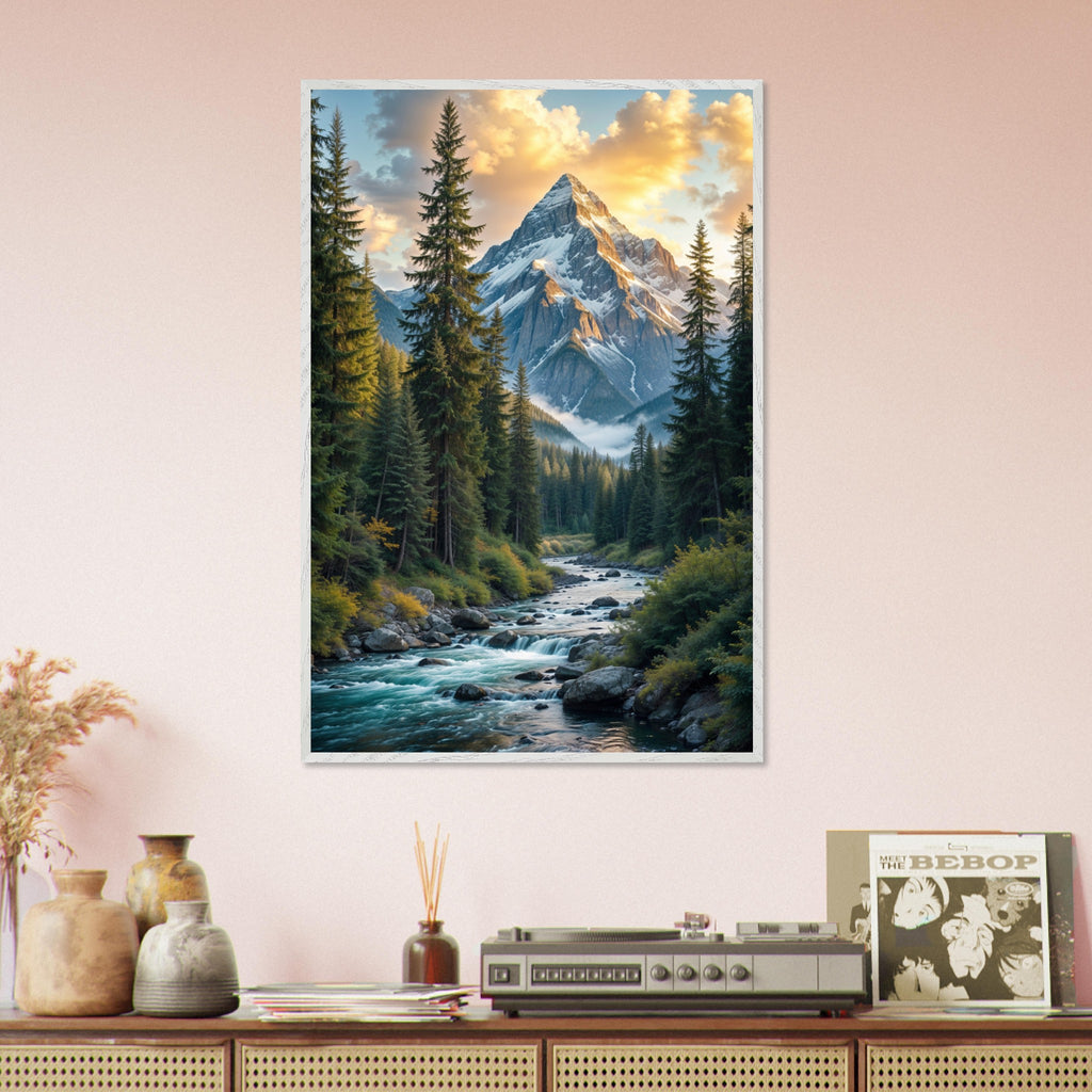 Golden Peaks - Sunrise Over a Flowing River - White frame - Framed Posters