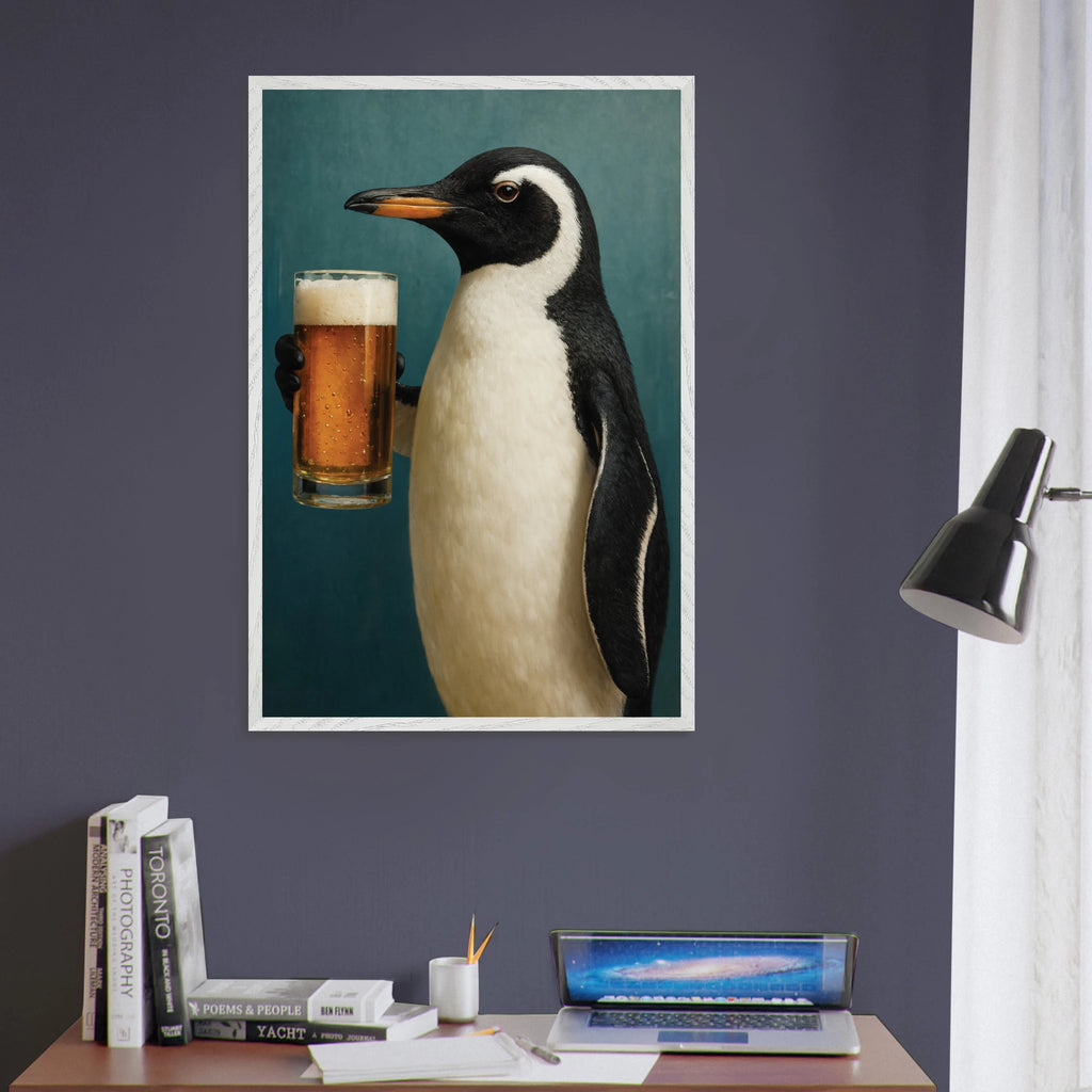 Chill Penguin Wooden Frame – Perfect Gift for Beer Lovers - - Wooden Framed Posters