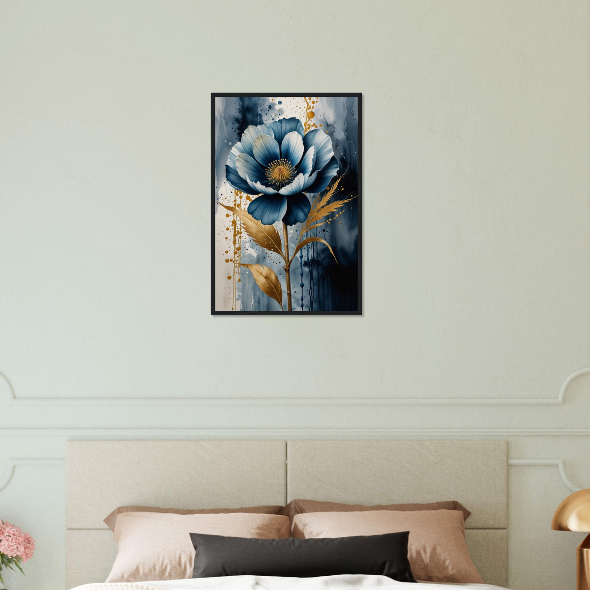 Indigo Dreams - Modern Floral Wall Art - Black frame 40x60 cm 16x24″ - Wooden Framed Posters