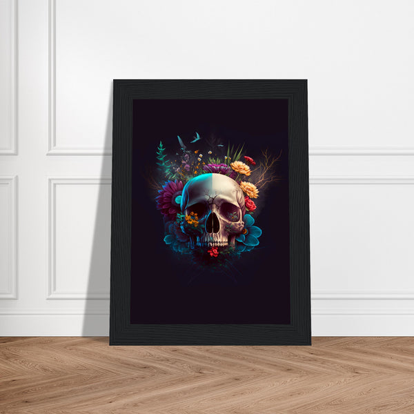 Nature’s Duality - Vibrant Flowers and Skull - - Wooden Framed Posters