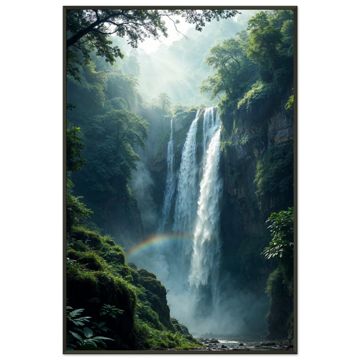 Rainbow Falls - Serene Forest Memory - - Metal Framed Posters