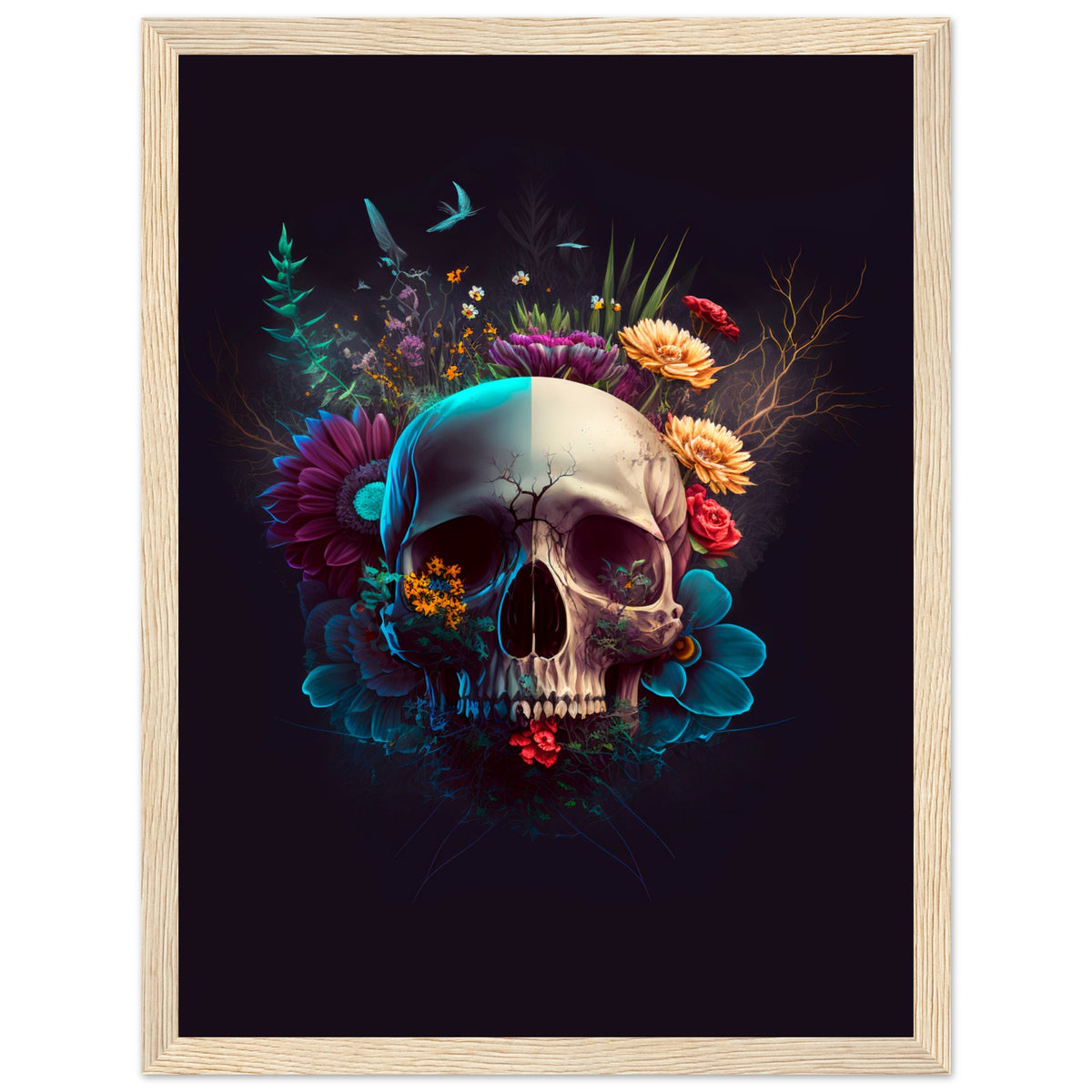 Nature’s Duality - Vibrant Flowers and Skull - 30x40 cm 12x16″ Wood frame - Wooden Framed Posters