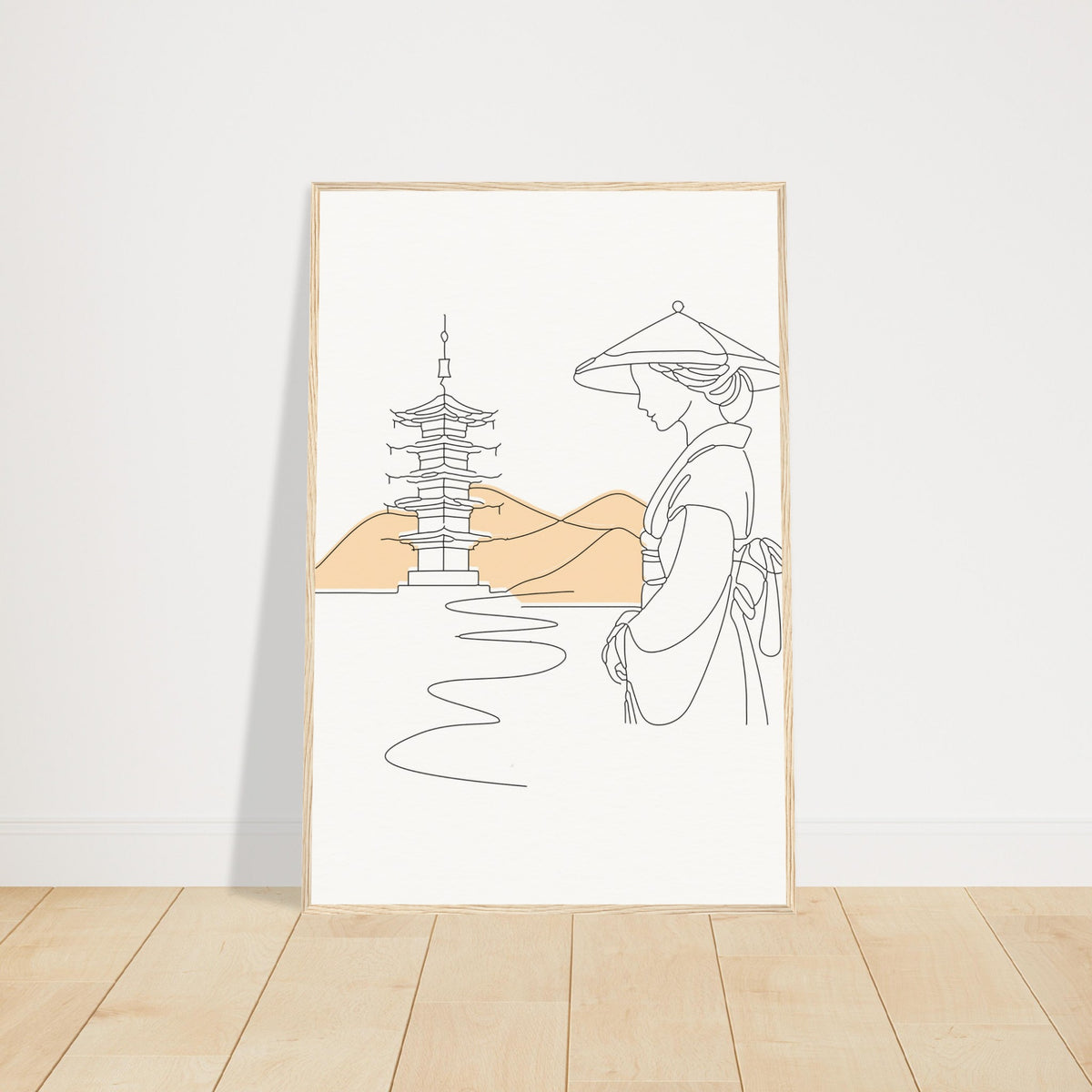 Serene Japanese Elegance - Framed Line Art - 60x90 cm 24x36″ Wood frame - Wooden Framed Posters