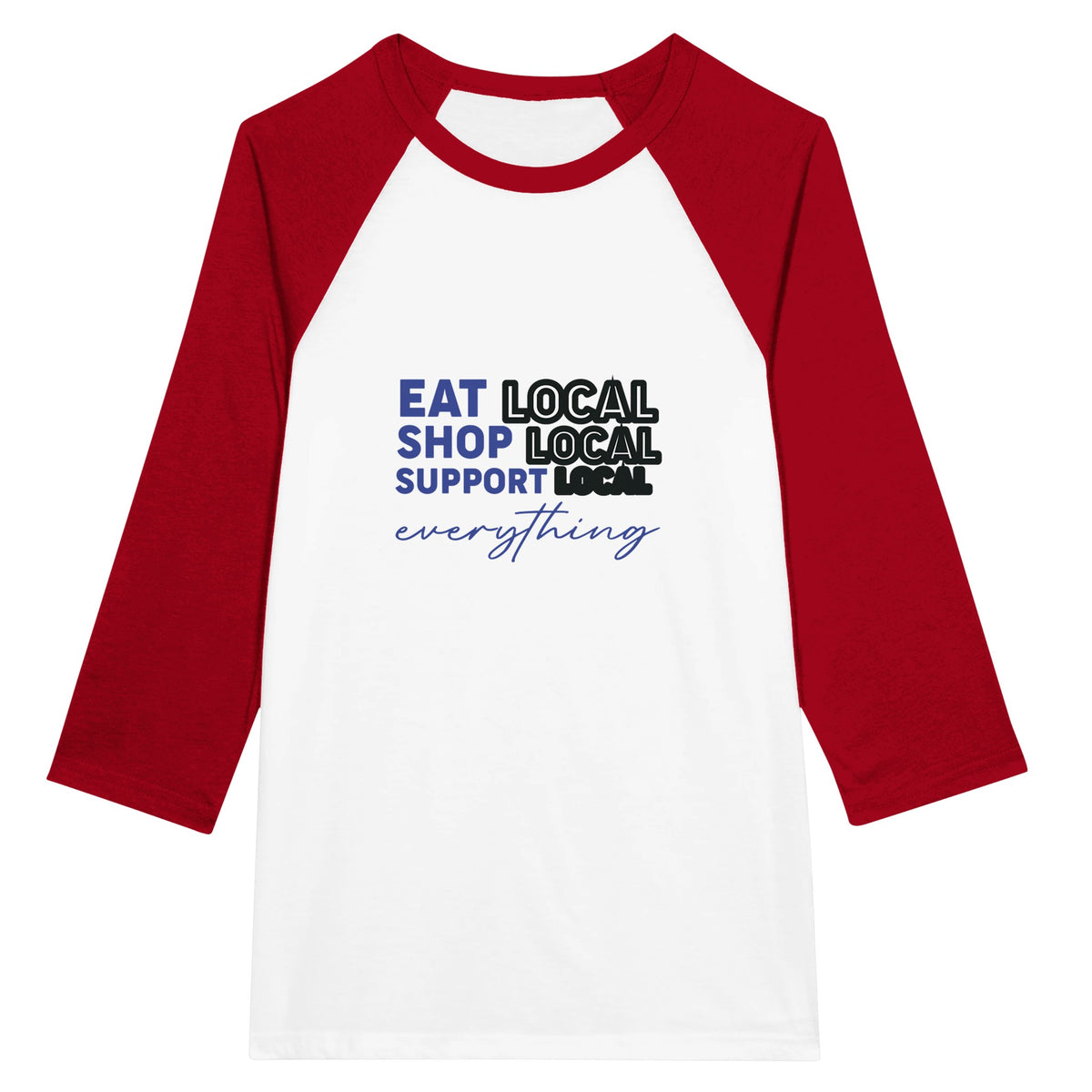 Support Local - Unisex 3/4 Sleeve Raglan Tee - White and Red -