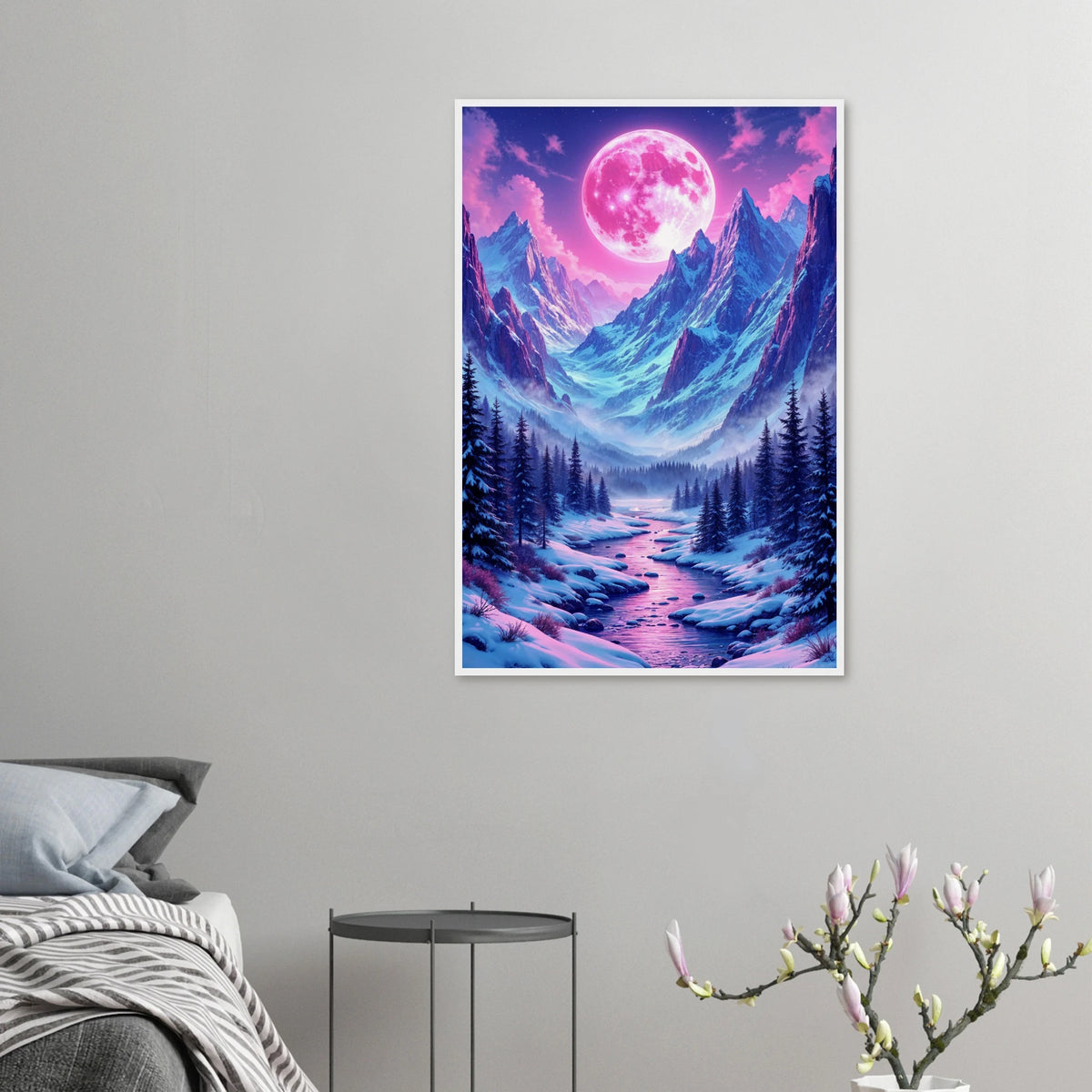 Pink Moon Vista - Mountain Landscape Framed Poster - 60x90 cm 24x36″ White frame - Wooden Framed Posters