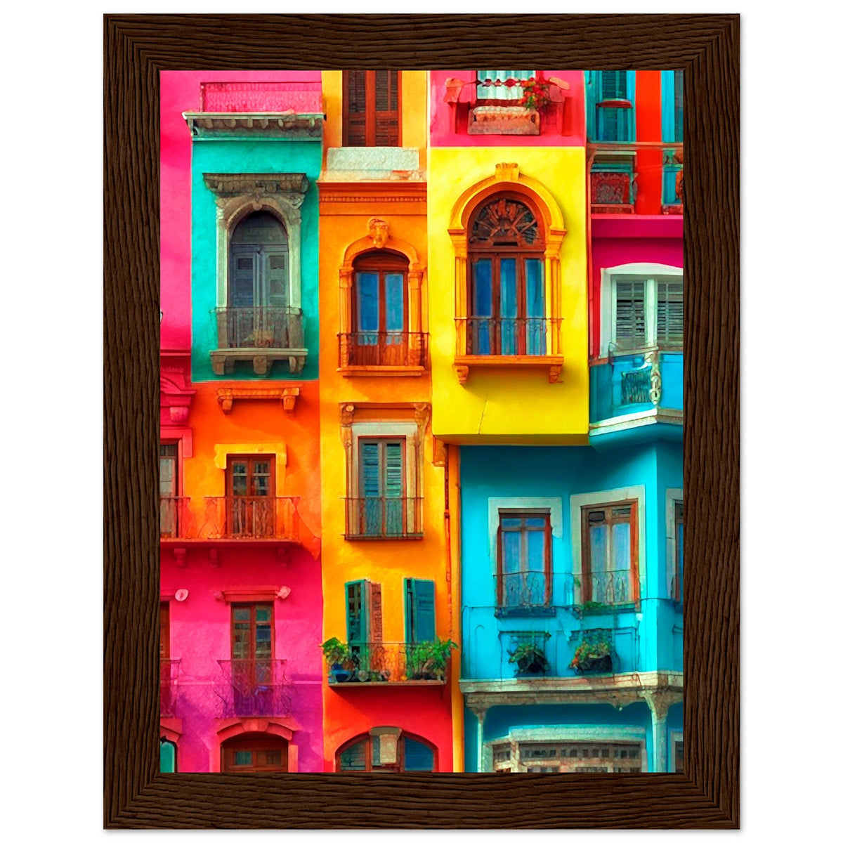 Vibrant Dreams - Colorful Cityscape Art - 15x20 cm 6x8″ Dark wood frame - Wooden Framed Poster