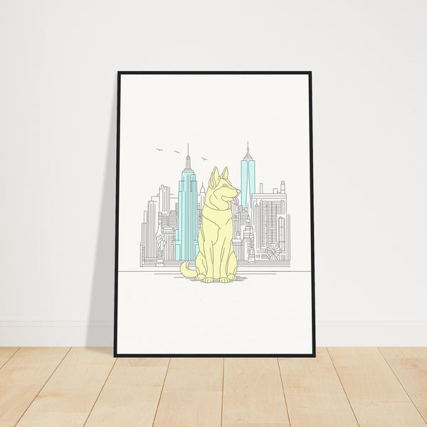 Urban Companion - Dog and Cityscape Art - 70x100 cm 28x40″ Black frame - Wooden Framed Posters