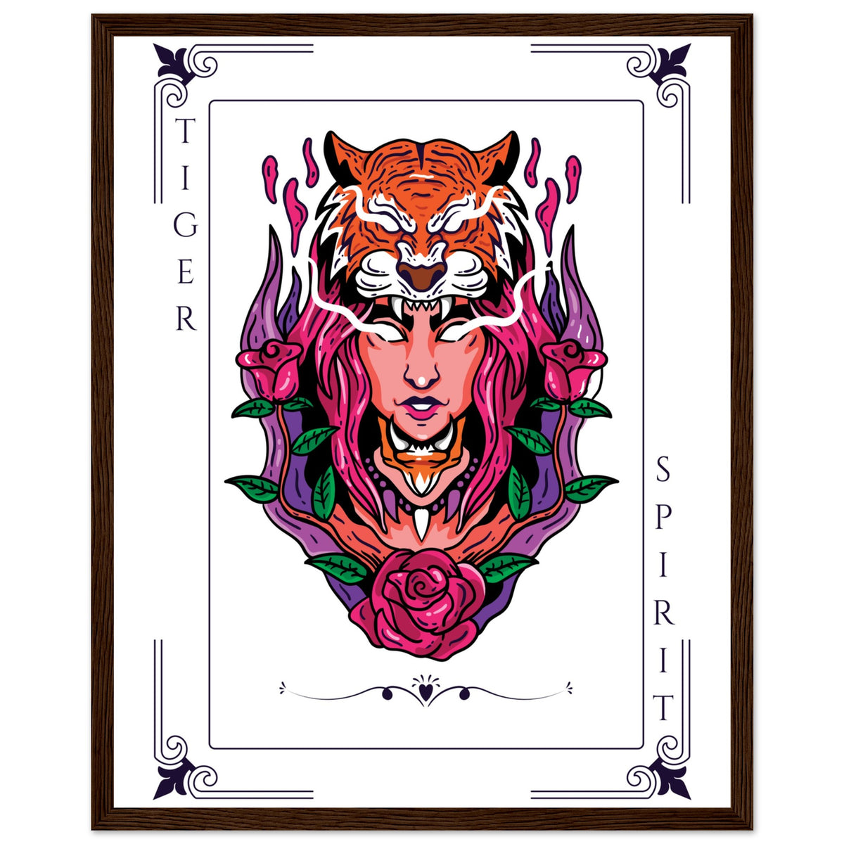 Artistry Unleashed - Warrior, Sacred Bull, and Tiger Spirit - 40x50 cm 16x20″ Dark wood frame Tiger Spirit - Wooden Framed Posters