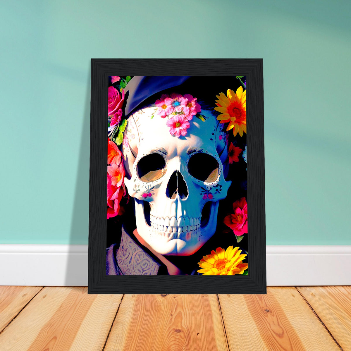 Mystical Bloom - Premium Floral Skull Poster - - Wooden Framed Posters