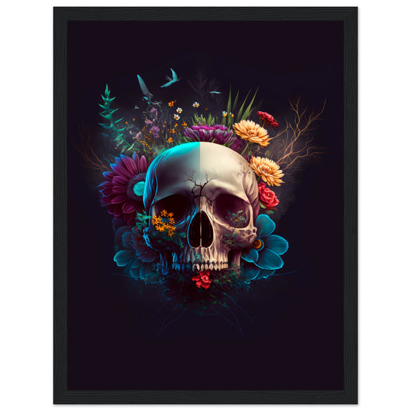 Nature’s Duality - Vibrant Flowers and Skull - 30x40 cm 12x16″ Black frame - Wooden Framed Posters