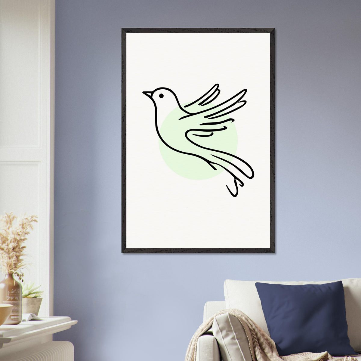 Grace in Flight - Bird Line Art Wooden Framed Poster - 60x90 cm 24x36″ Black frame - Wooden Framed Posters