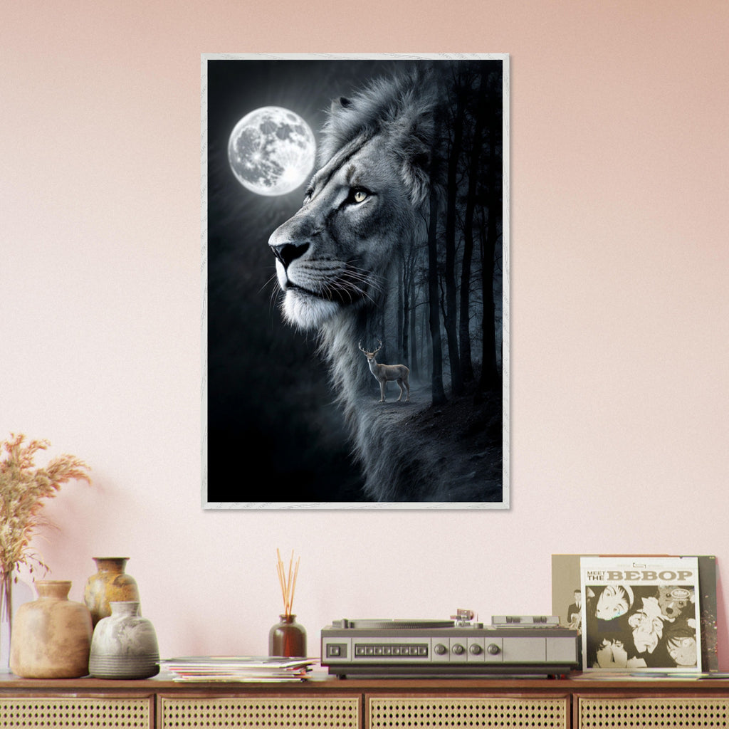 The Moonlit Guardian - Lion and Deer Framed Art - White frame - Framed Posters