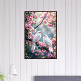 Whispers of Spring - Dove & Blossom Wall Art - Dark wood frame 60x90 cm 24x36″ - Wooden Framed Posters