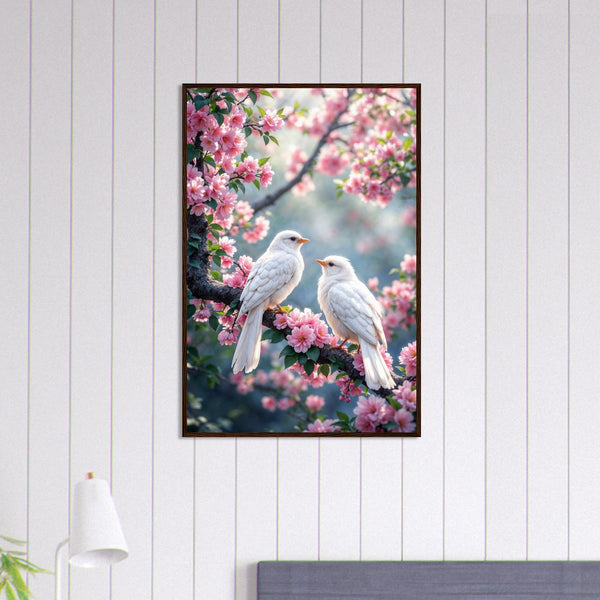 Whispers of Spring - Dove & Blossom Wall Art - Dark wood frame 60x90 cm 24x36″ - Wooden Framed Posters