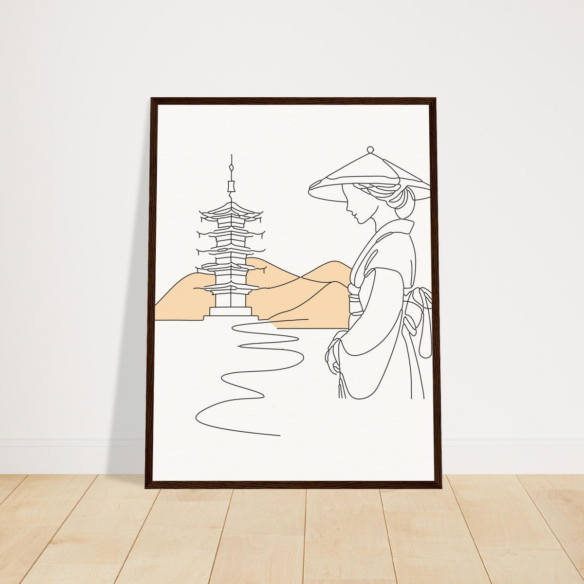 Serene Japanese Elegance - Framed Line Art - 45x60 cm 18x24″ Dark wood frame - Wooden Framed Posters