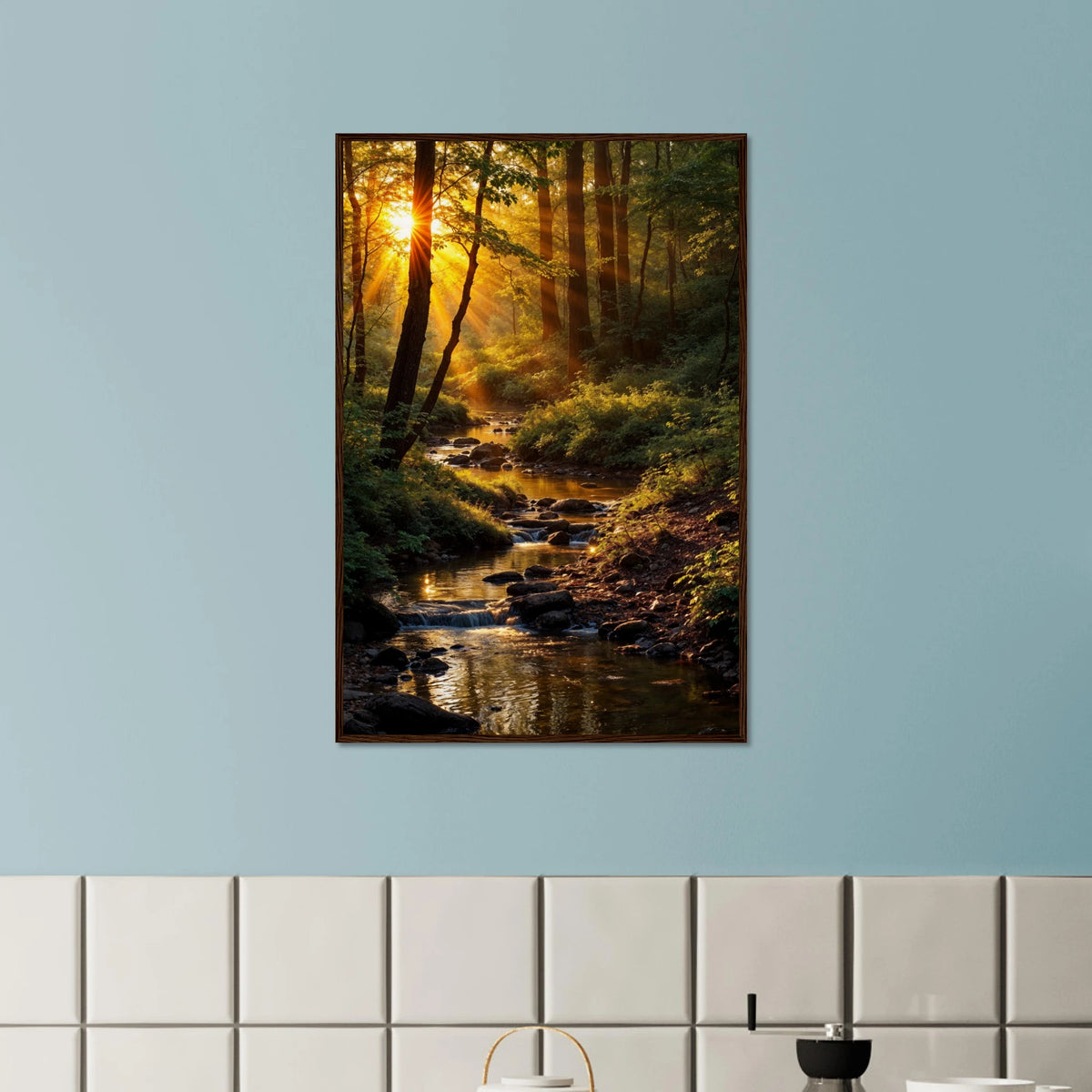 Golden Forest Glow – Poster for Nature Lovers - Dark wood frame - Wooden Framed Posters