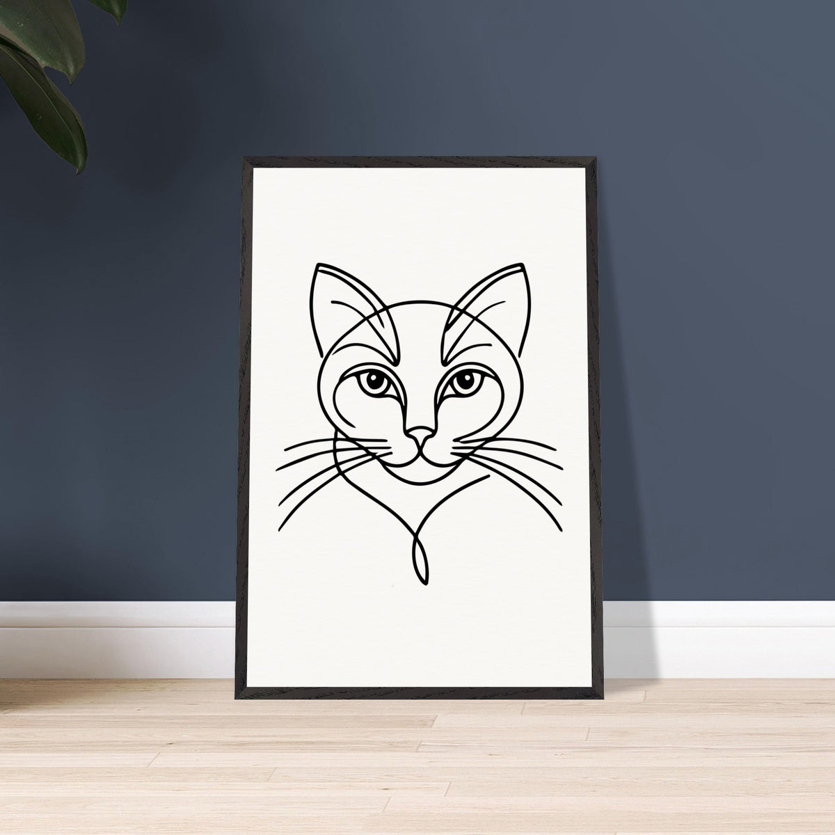 Timeless Cat Line Art - Natural Wood Framed Elegance - - Wooden Framed Posters