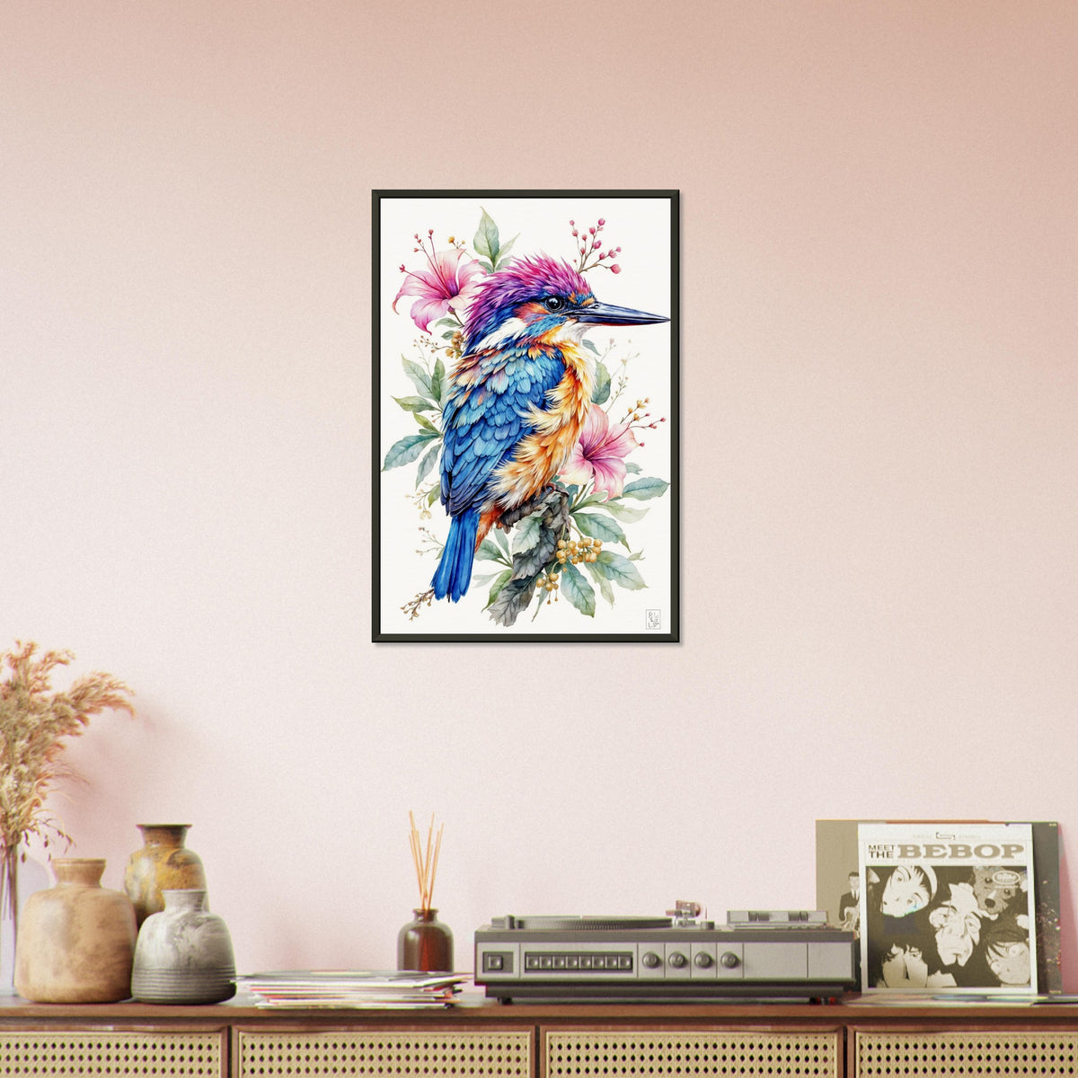 Vibrant Majesty - A Kingfisher Among Blooms - 40x60 cm 16x24″ - Framed Posters