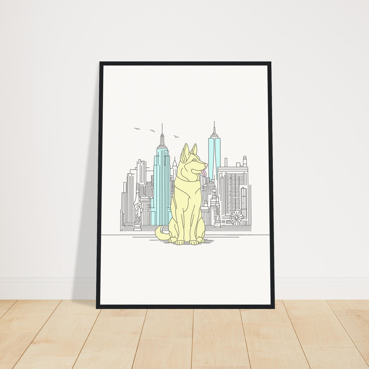 Urban Companion - Dog and Cityscape Art - 50x70 cm 20x28″ Black frame - Wooden Framed Posters