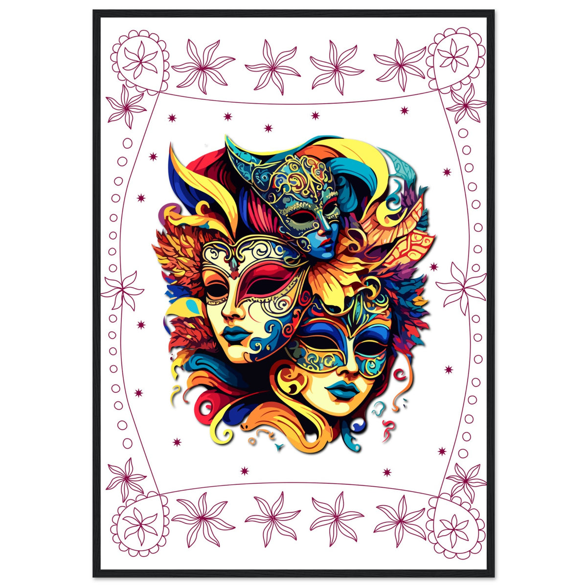 Colorful Mask Trio - Luxury Framed Print - 70x100 cm 28x40″ Black frame - Wooden Framed Posters