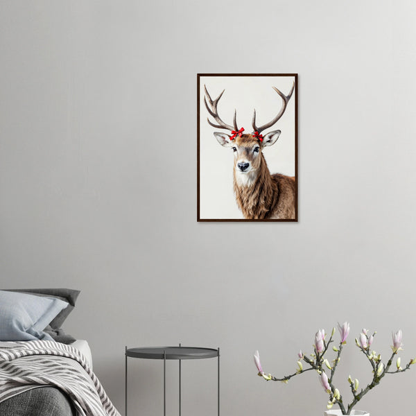 Festive Fawn - Bowed Deer Framed Art - 40x60 cm 16x24″ Dark wood frame - Wooden Framed Posters
