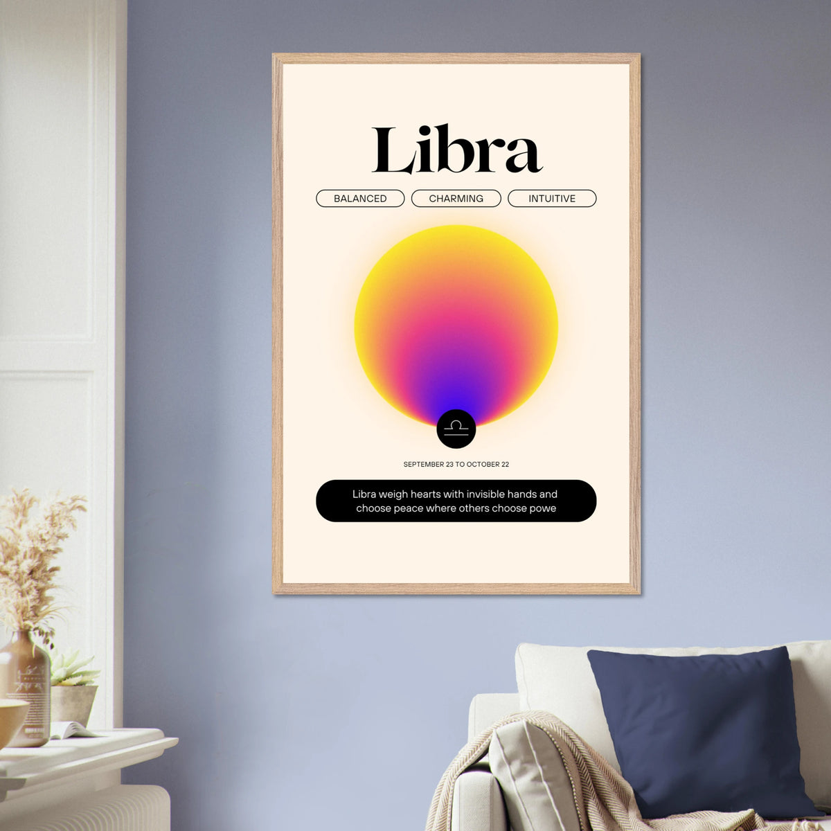 Zodiac Wall Art Framed Poster for Astrology Lovers - Wood frame Libra - Wooden Framed Posters