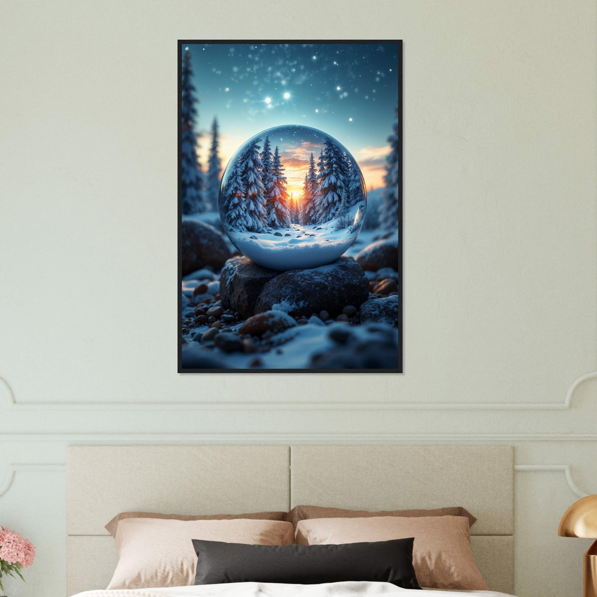Crystal Wonderland - Snow Globe Wall Art - Black frame 60x90 cm 24x36″ - Wooden Framed Posters