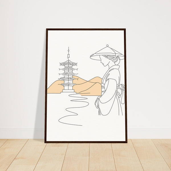 Serene Japanese Elegance - Framed Line Art - 50x70 cm 20x28″ Dark wood frame - Wooden Framed Posters