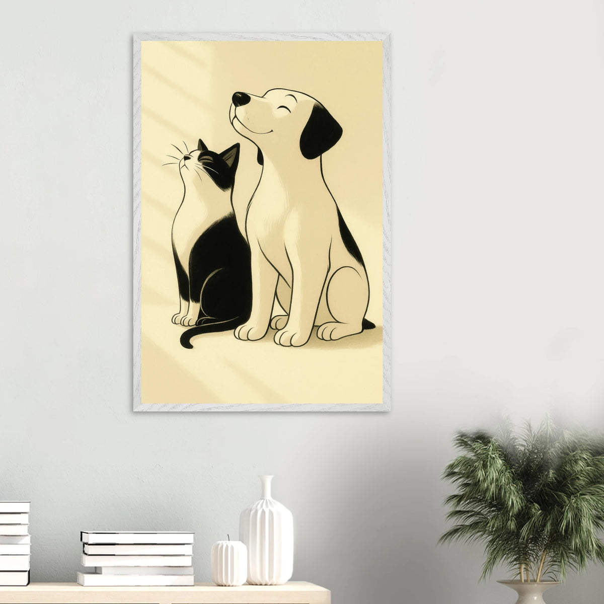 Gift Friendship - Wooden Framed Poster of Cat & Dog - White frame - Wooden Framed Posters