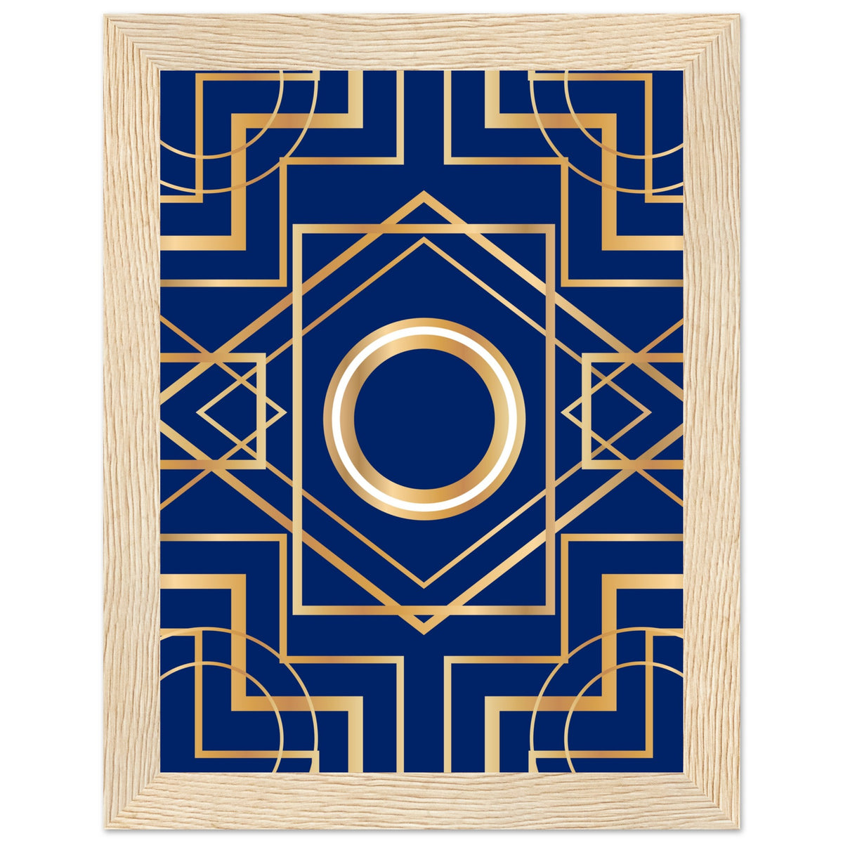 Art Deco Elegance - Blue & Gold Geometric Framed Print - 15x20 cm 6x8″ Wood frame - Wooden Framed Posters