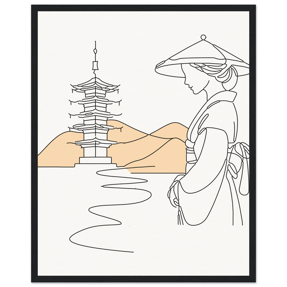 Serene Japanese Elegance - Framed Line Art - - Wooden Framed Posters