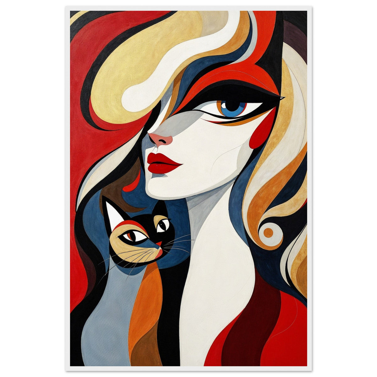 Bold Graphic Woman with Feline Companion Wall Decor - - Wooden Framed Posters