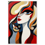 Bold Graphic Woman with Feline Companion Wall Decor - - Wooden Framed Posters