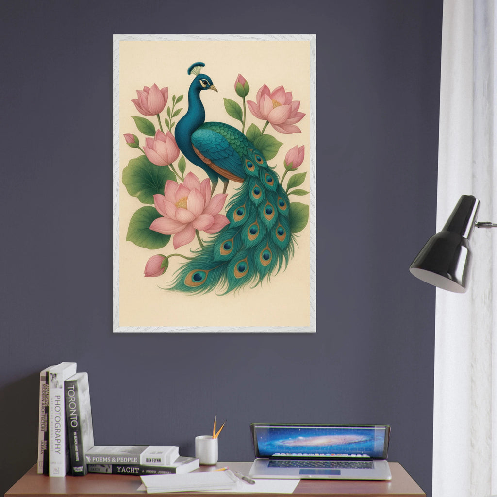 Peacock & Lotus Harmony – Wooden Framed Wall Art Gift - - Wooden Framed Posters